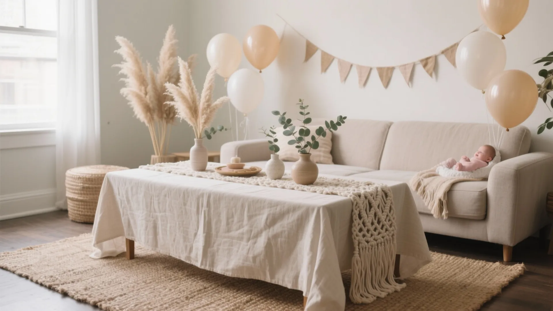 Living room with beige sofa coffee table with white cloth balloons and a sleeping baby