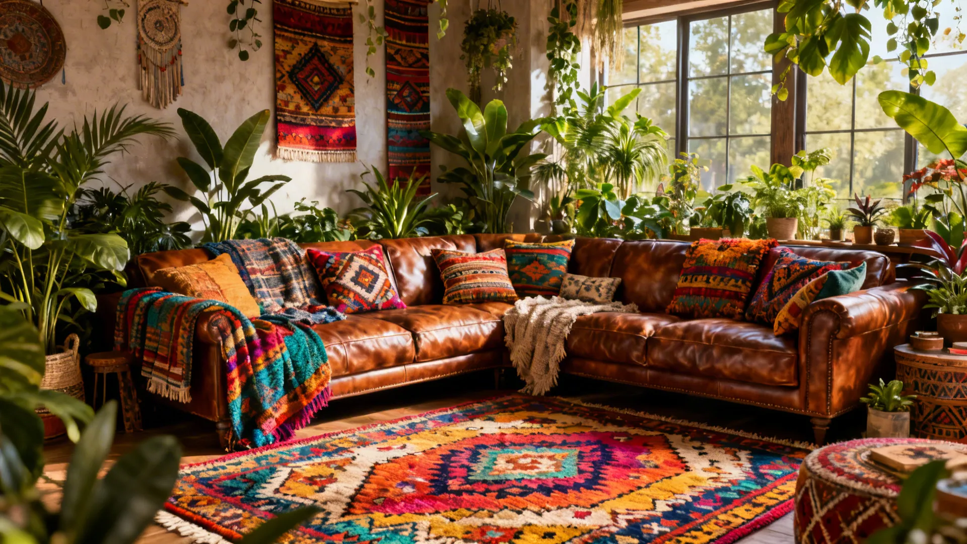 Eclectic boho living room with leather sectional, colorful rugs, pillows and many plants