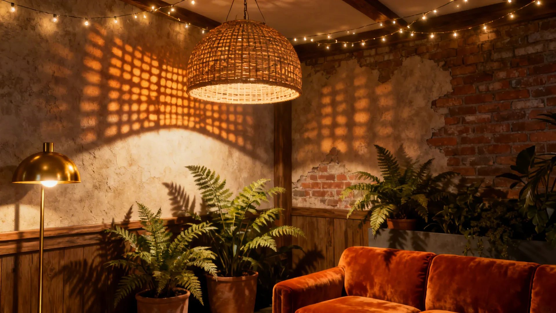 Rattan pendant and brass floor lamp creating layered warm lighting in a boho room