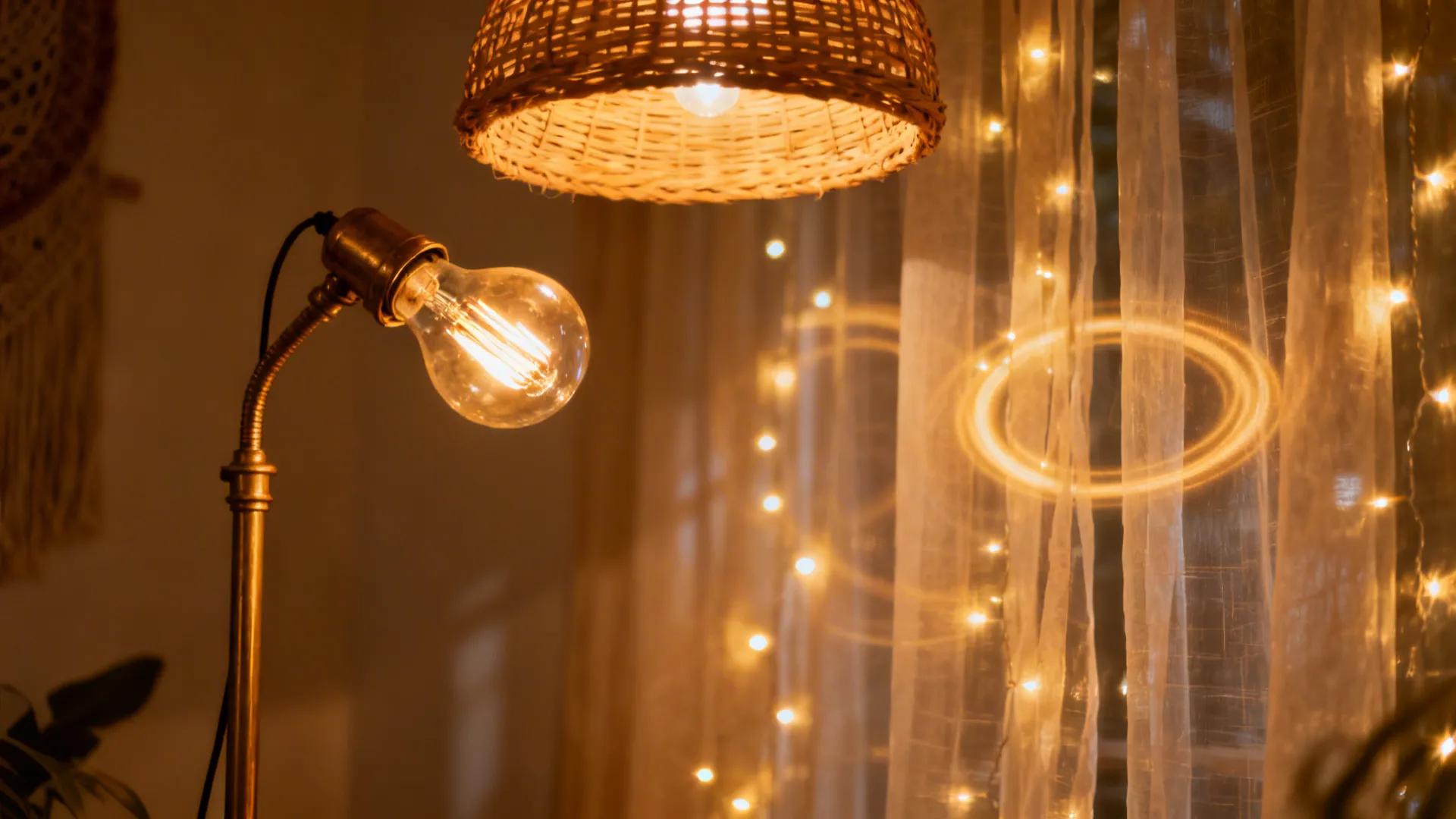 Layered boho lighting with brass floor lamp, woven pendant and fairy lights for warm glow.