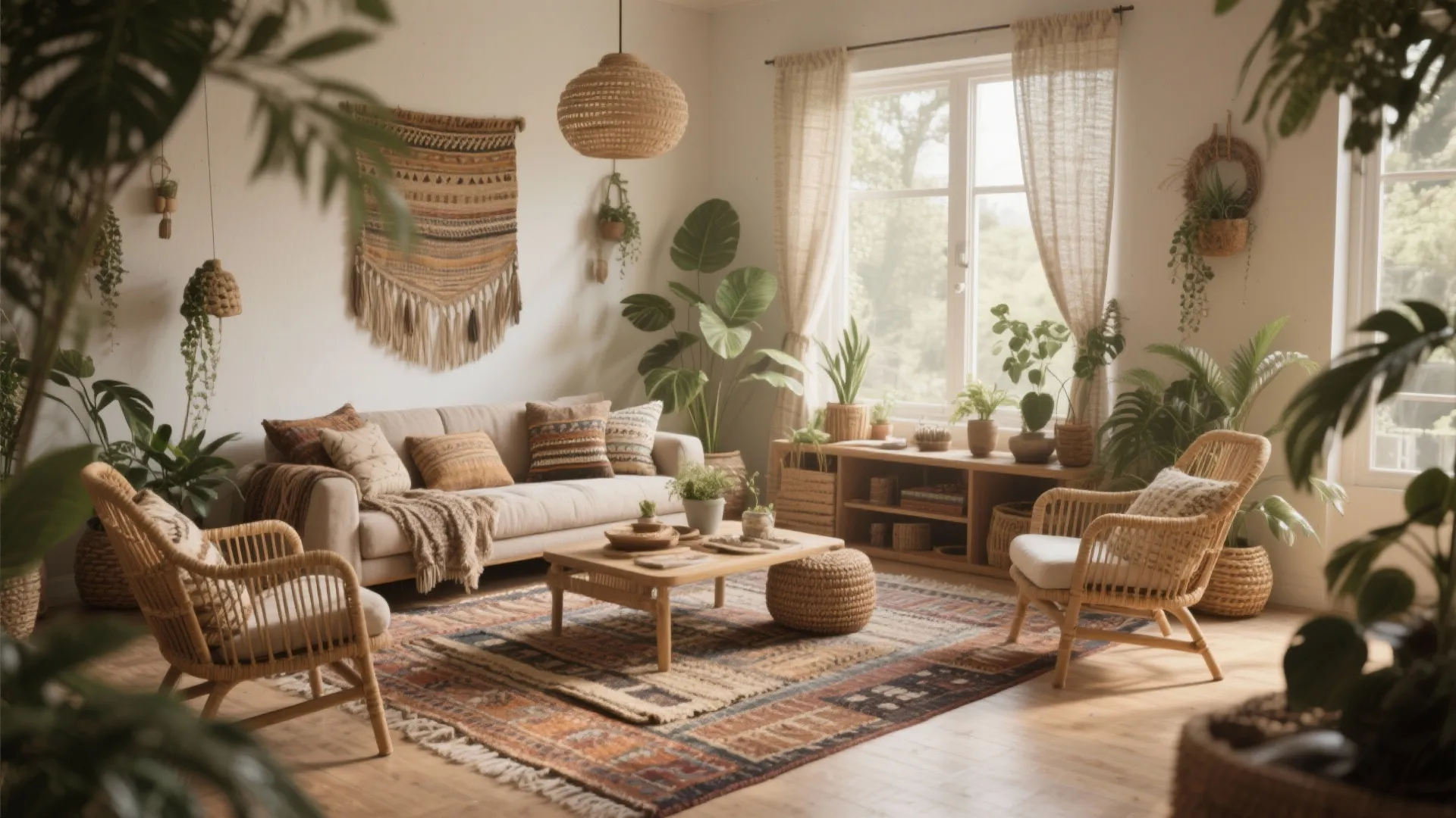 Boho style living room with white sofa many green plants patterned rug and woven chairs