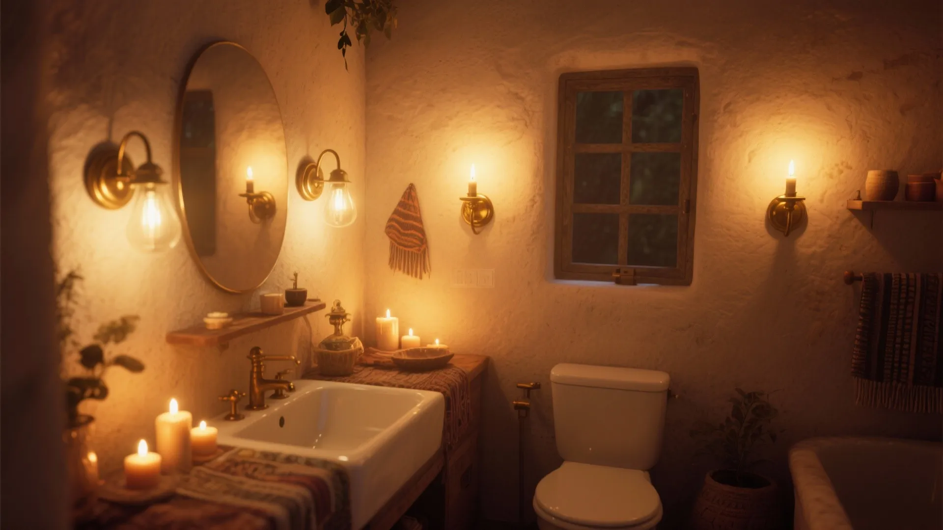 Warmly lit bathroom with multiple wall lights candles on the sink white toilet and small window