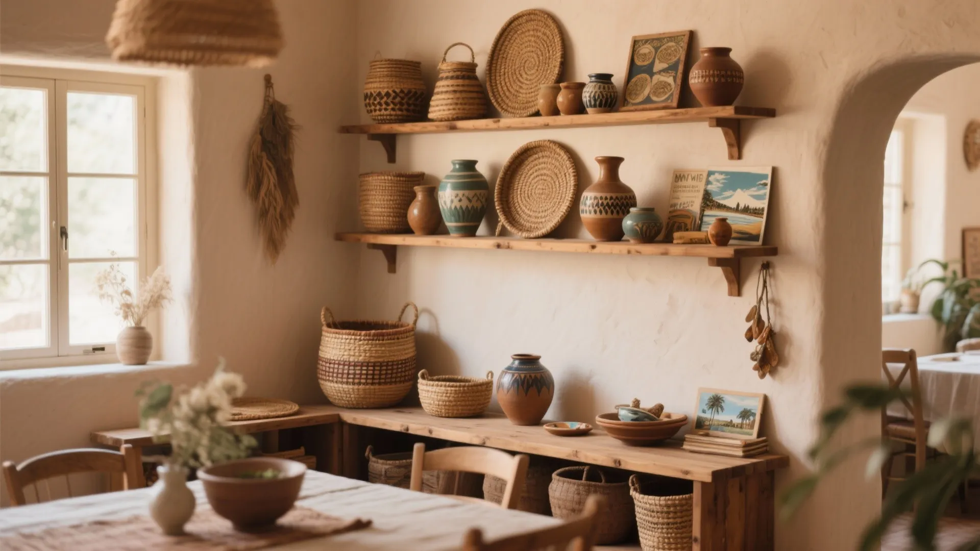 Rustic wooden shelves displaying various woven baskets and clay pots in a warm natural light room
