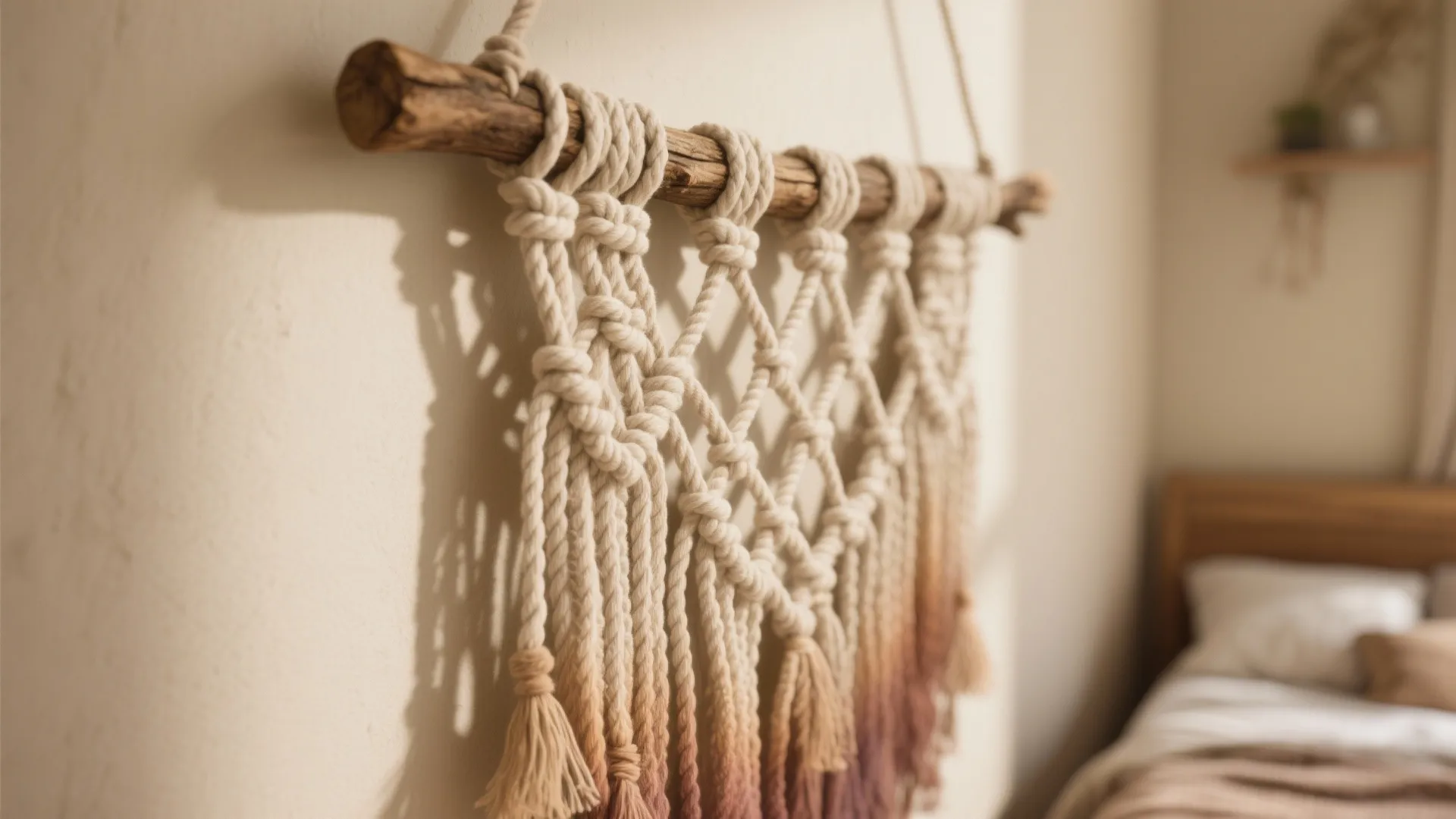 Handmade macrame wall hanging on wooden branch decorative piece in a warm neutral bedroom setting