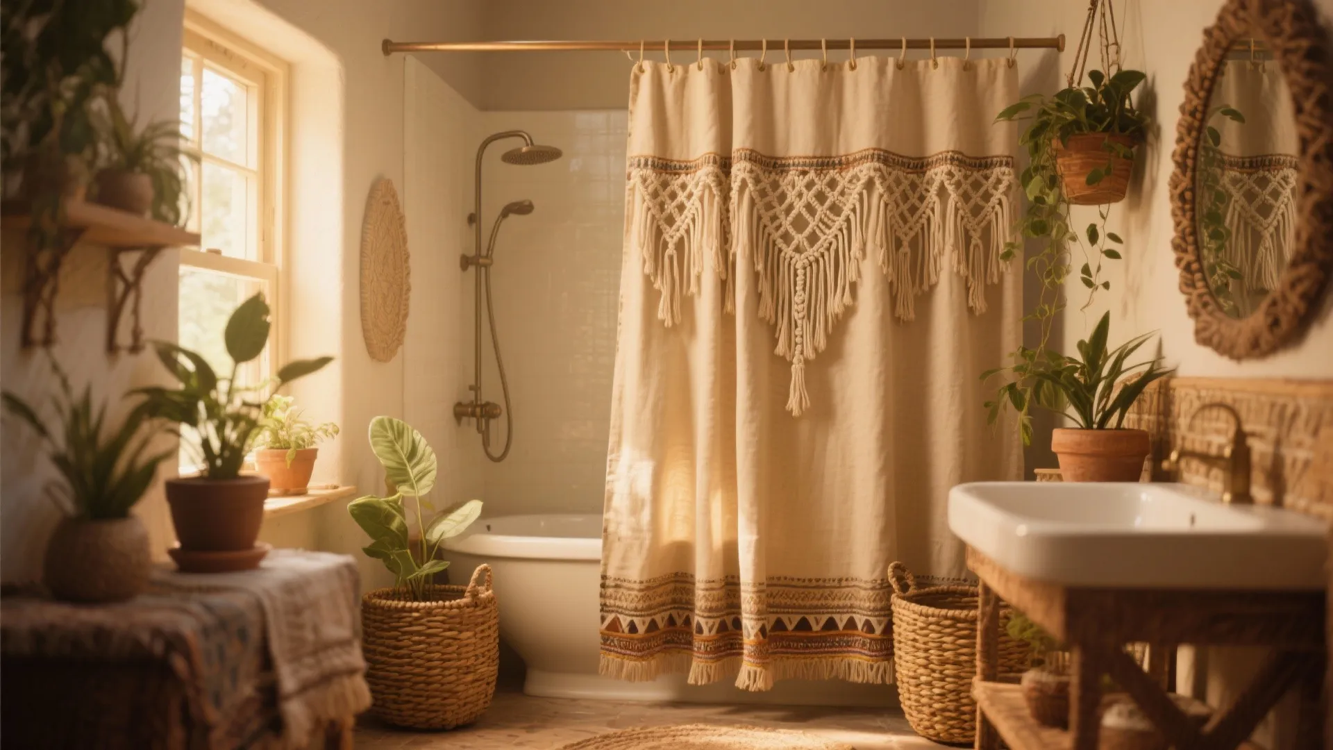 Bohemian bathroom with beige shower curtain woven baskets green plants white bathtub and warm sunlight
