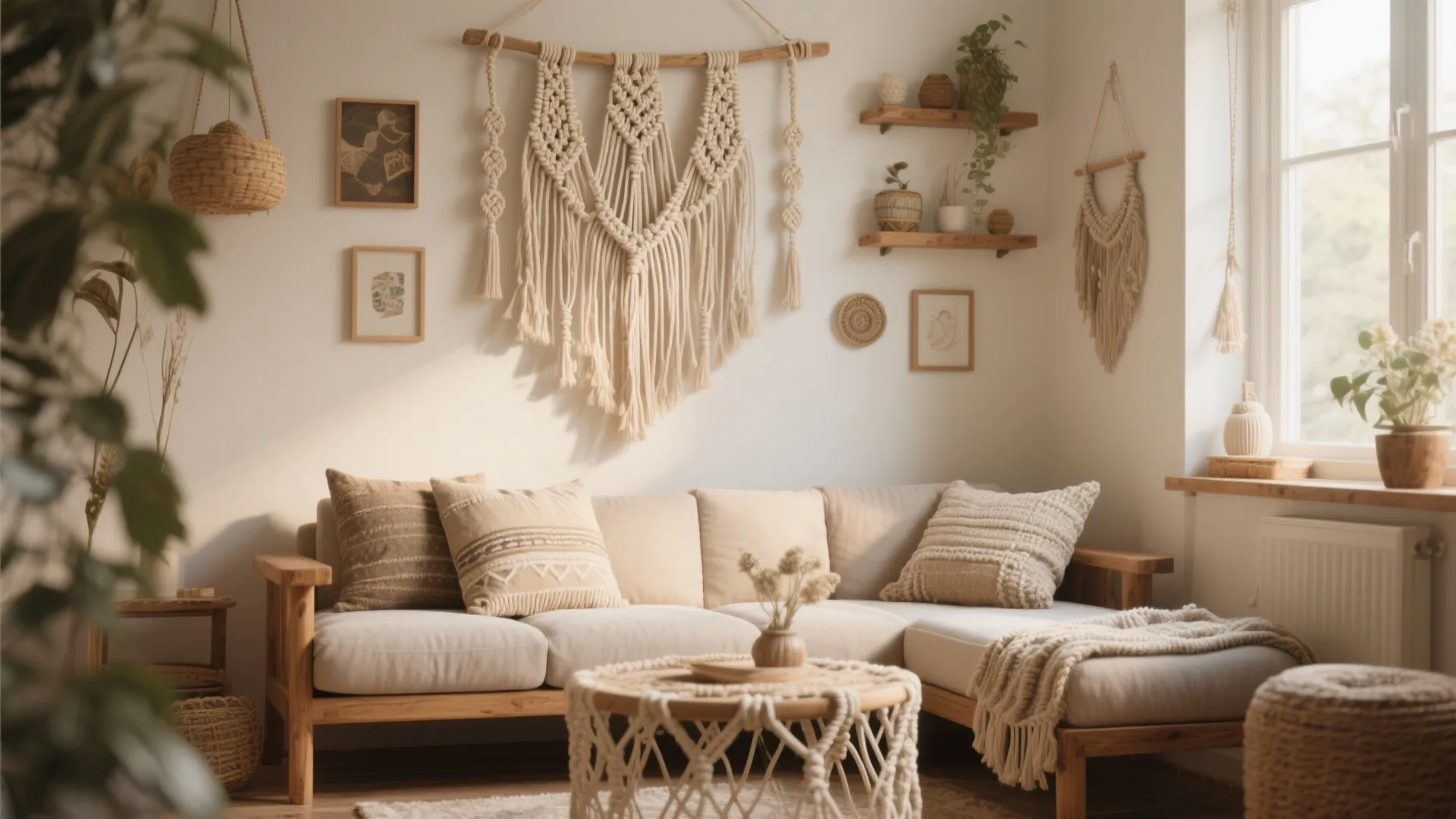 Cozy boho living room with cream sofa large macrame wall hanging wooden table and sunlight