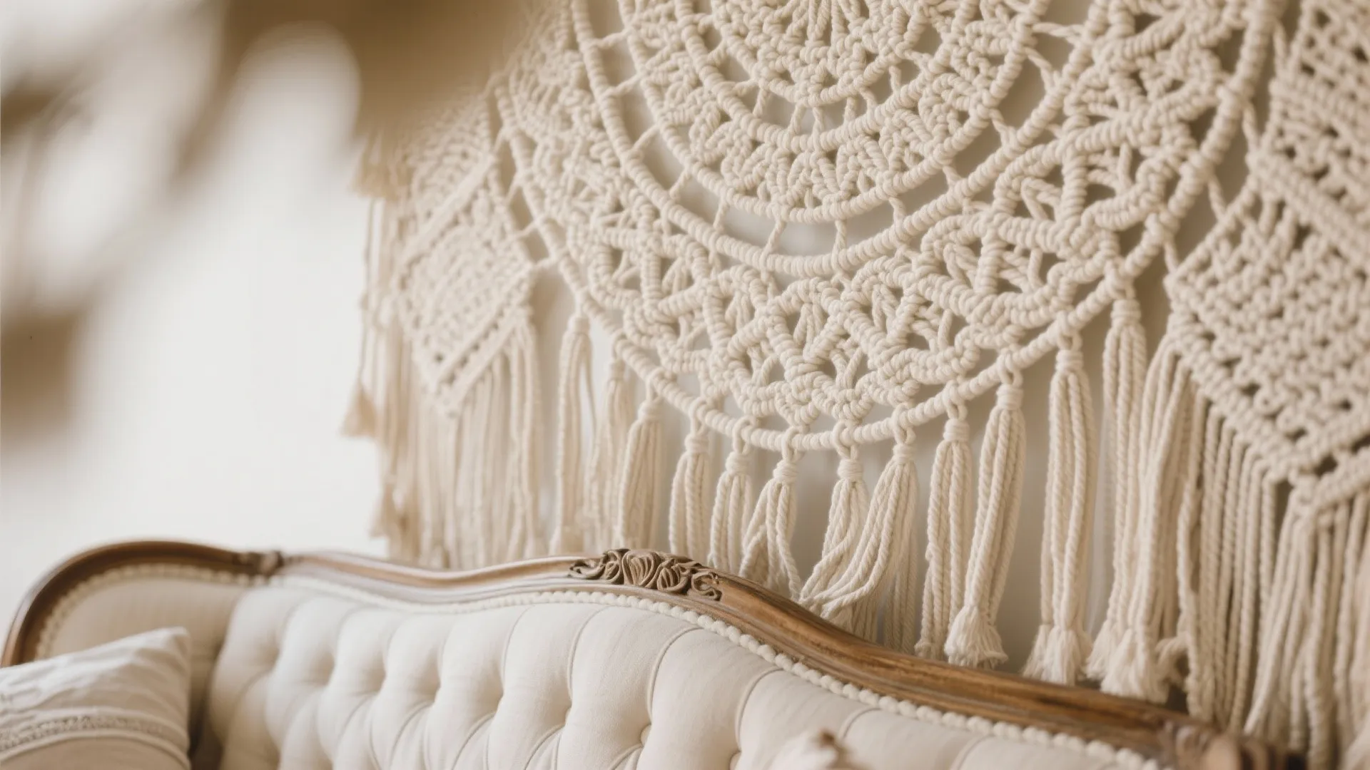 Bohemian macramé wall hanging in cream tones above vintage sofa