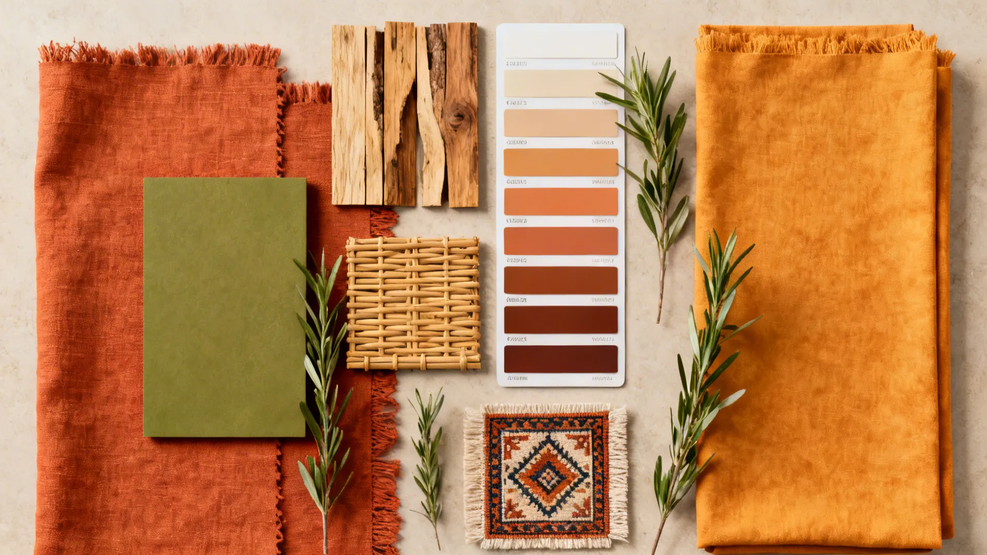 Flatlay of boho material and color palette including terracotta, ochre, olive and wood samples