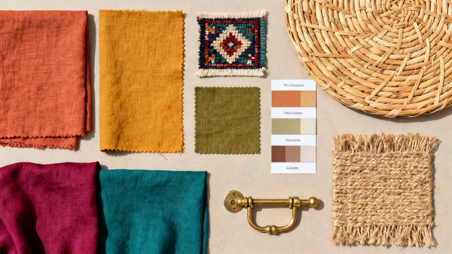 Flatlay of boho color and material swatches including terracotta, olive, teal fabrics and rattan samples.