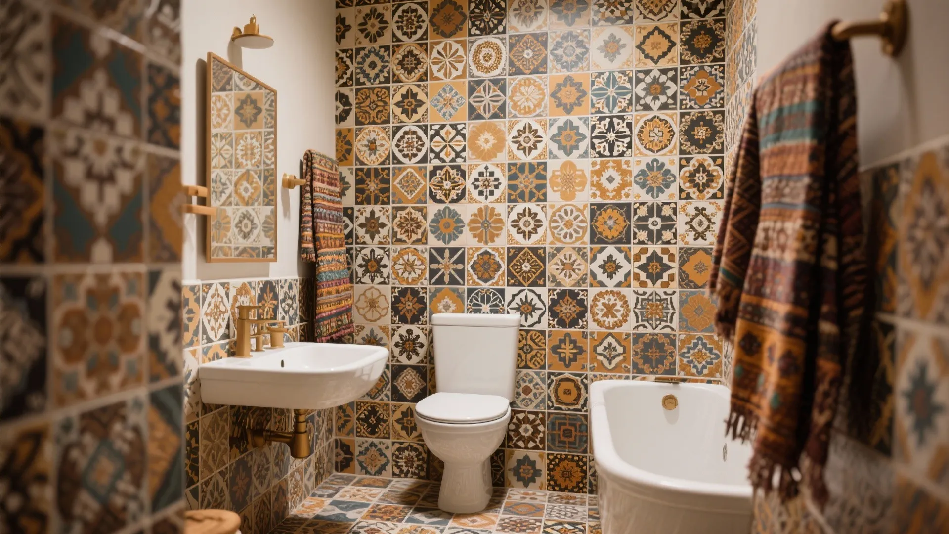 Bathroom interior design with patterned wall tiles white toilet white sink white bathtub and colorful towels