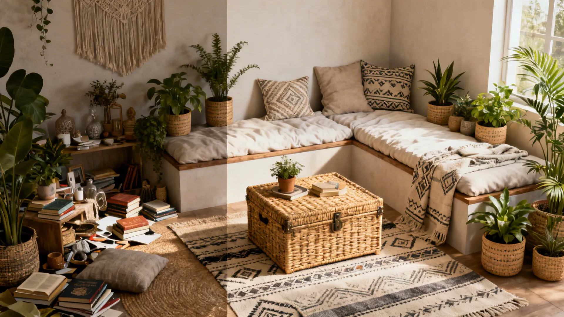 Before-and-after of a small boho living room optimized with multi-functional furniture