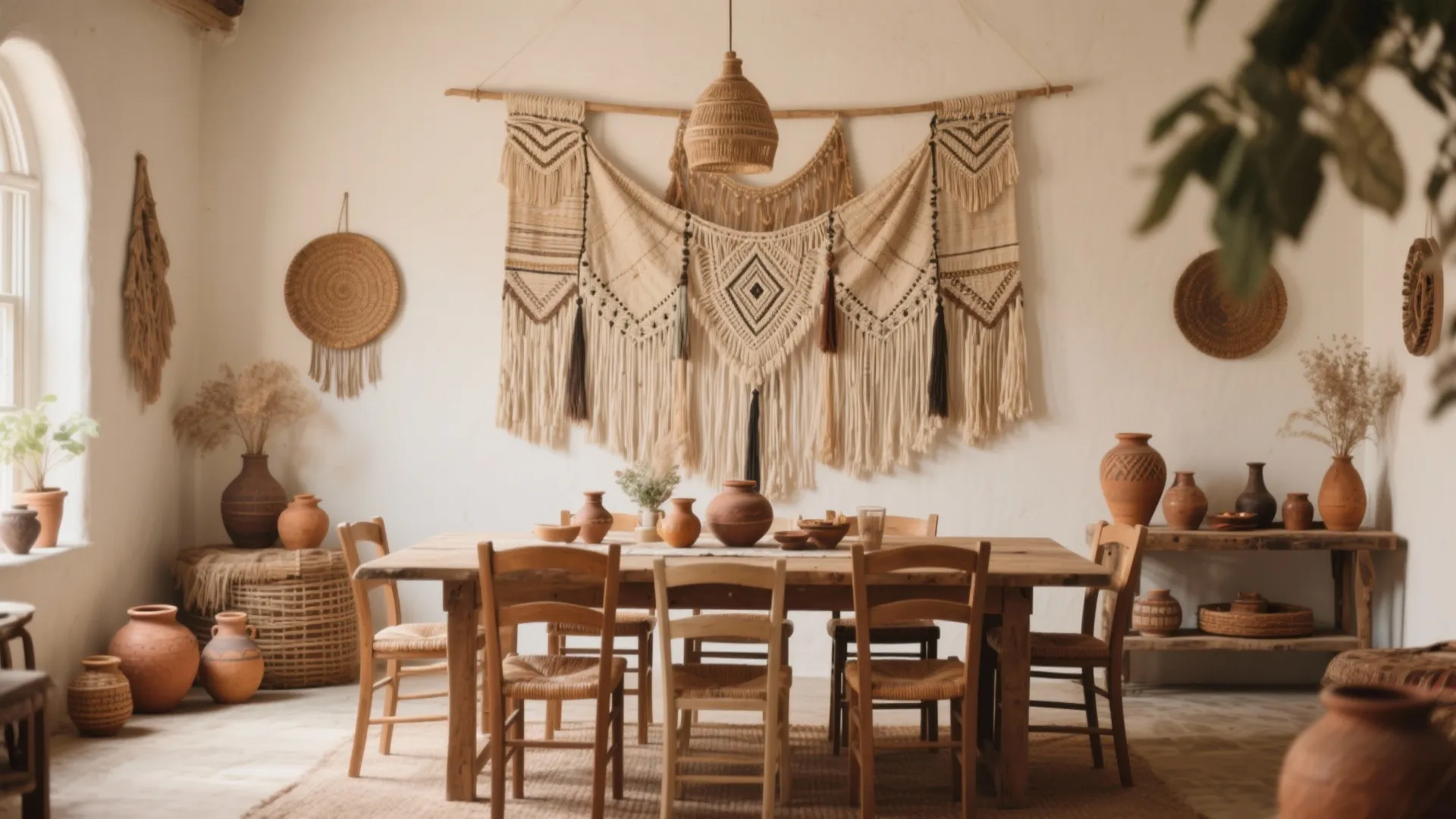 Bohemian style dining room featuring large wall hanging decor wooden table and clay pottery jars