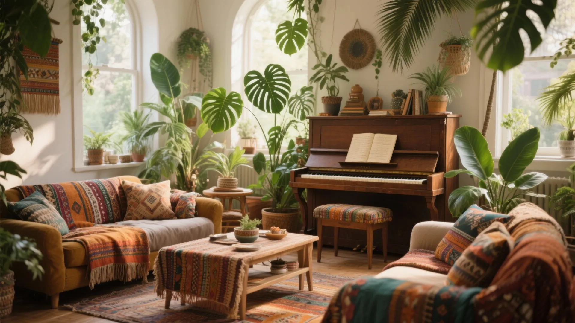 Bohemian style living room featuring wooden piano surrounded by green plants and colorful patterned sofas
