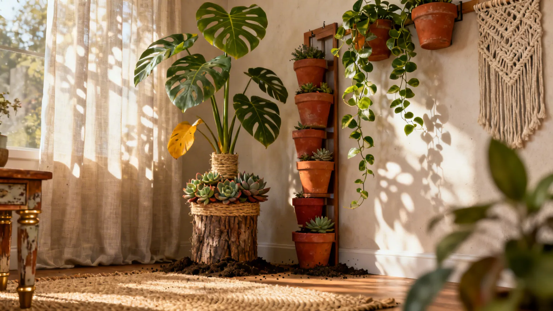 Corner boho living room with monstera, pothos and vertical planters