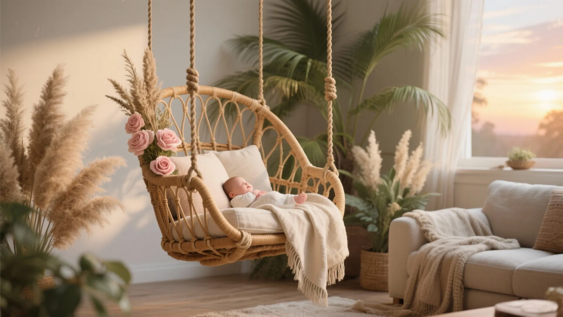 Boho Rattan Swing with Florals