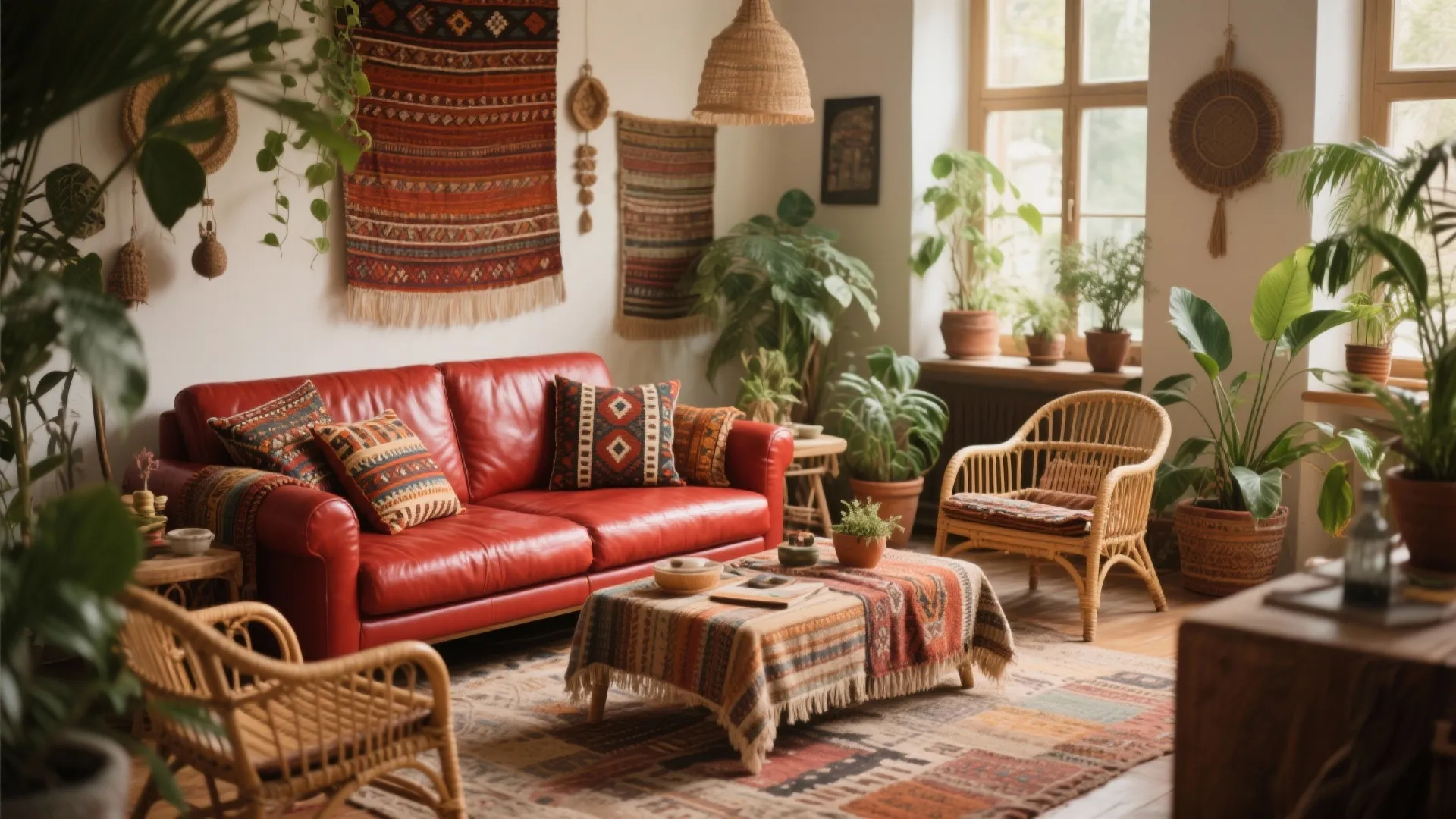 Bohemian room with red sofa and eclectic decor