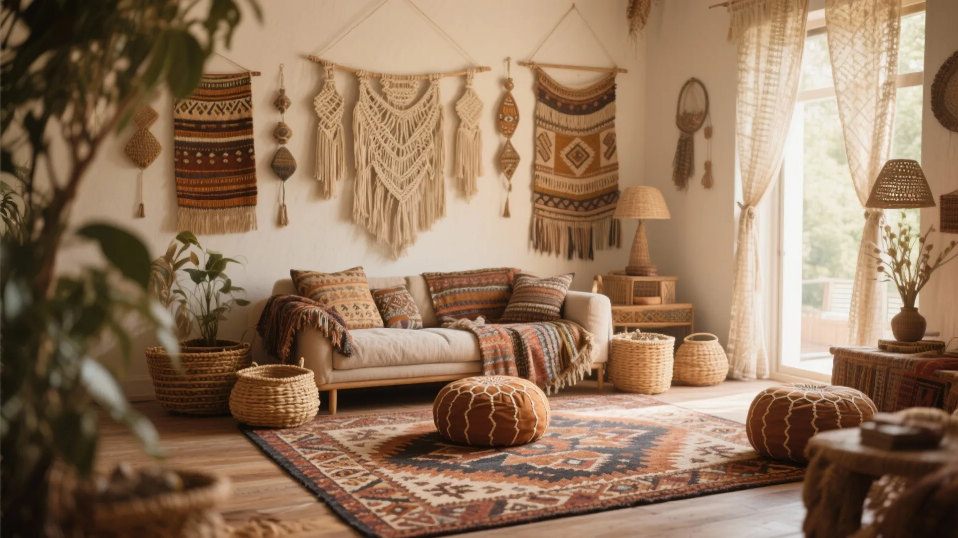 Bohemian living room with patterned rug and woven wall hangings plus several round brown footrests