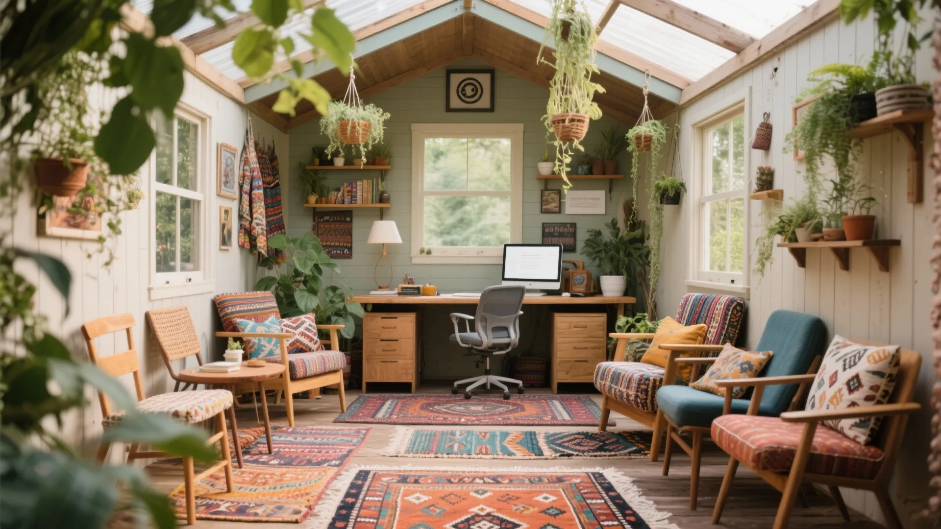Boho shed office with colorful rugs and plants