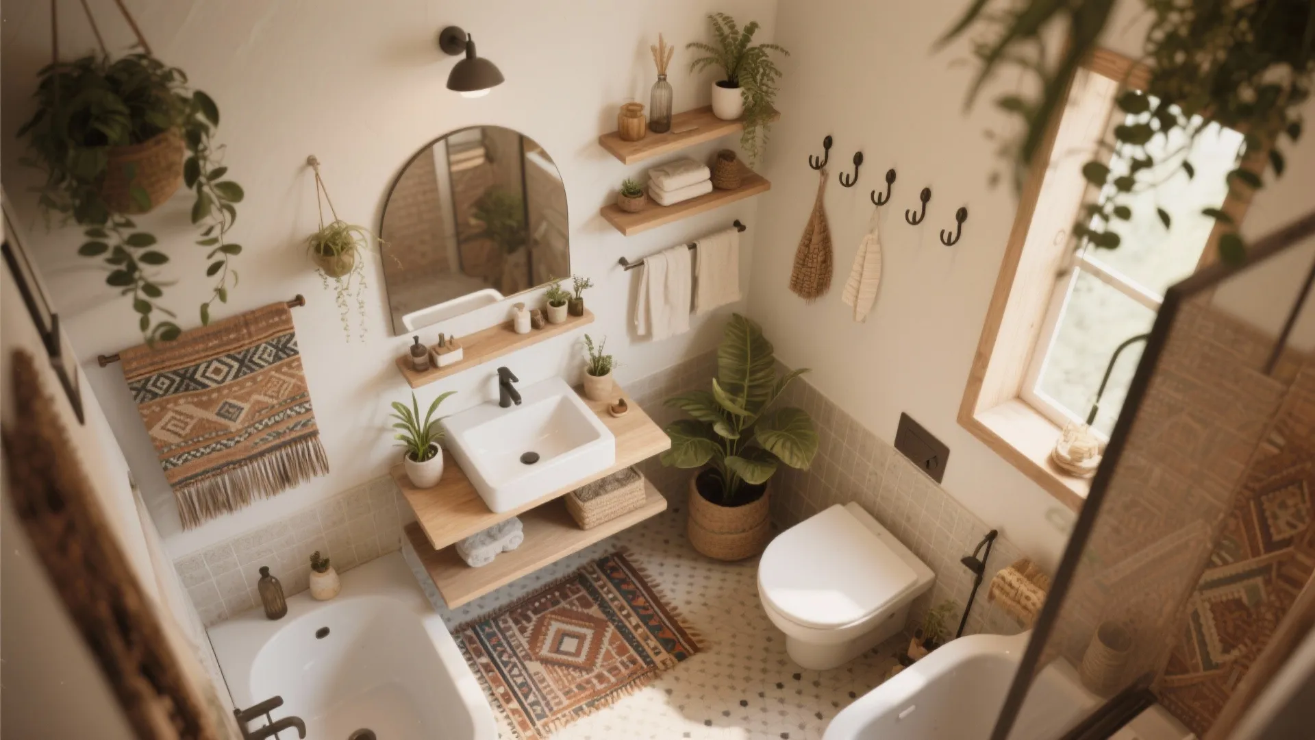Bohemian small bathroom layout with white sink wooden shelves plants mirror toilet and patterned floor rug