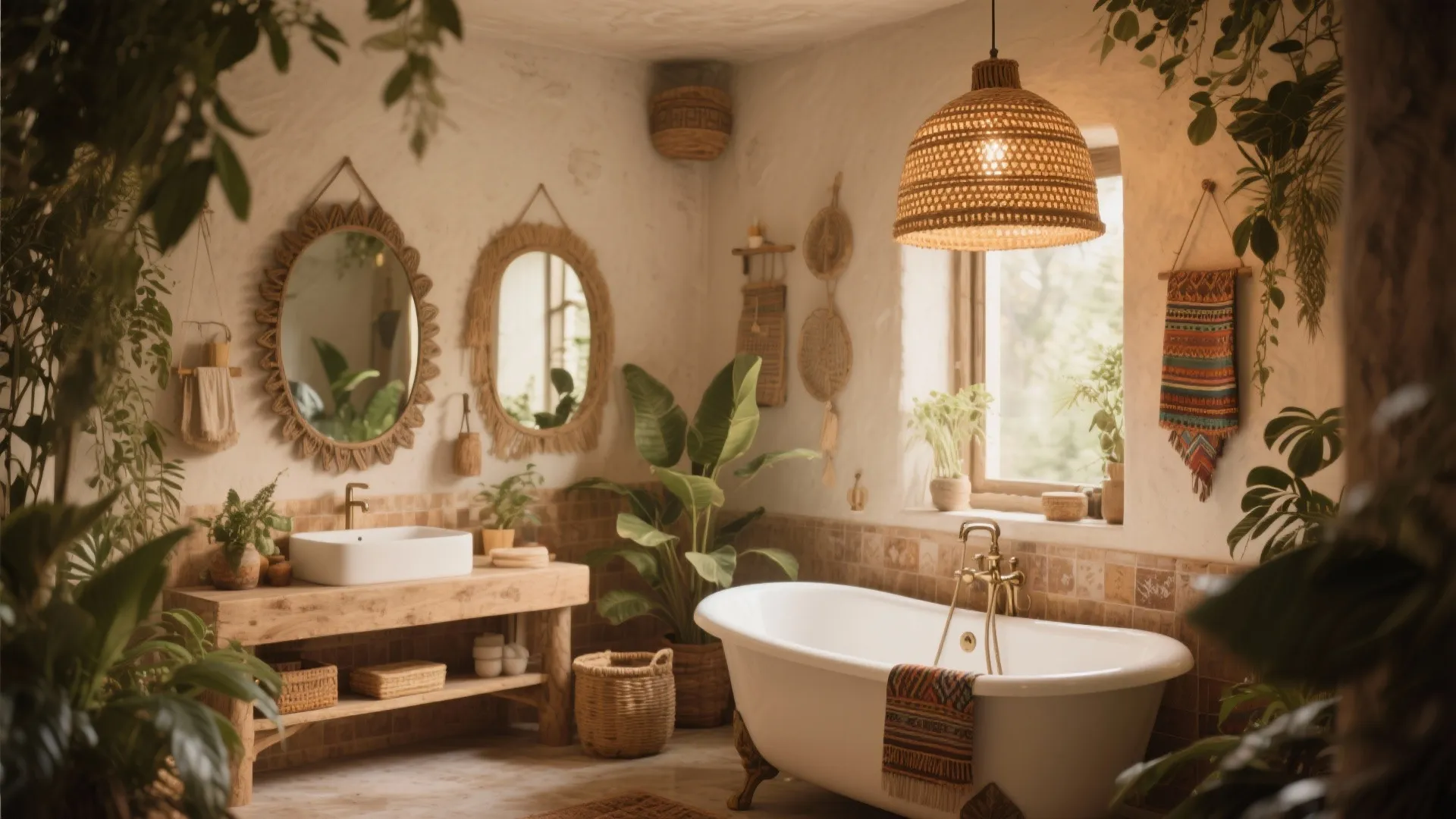 Bohemian style bathroom with a woven ceiling light over a white bathtub and wooden vanity