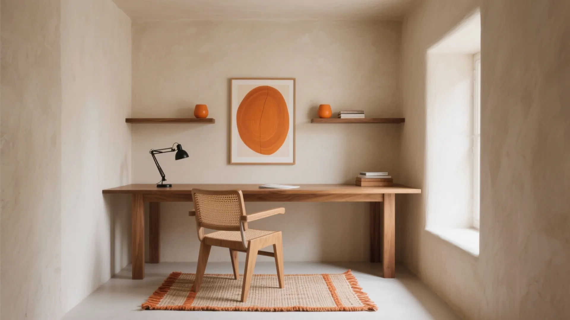 Modern Boho Study: Rattan, Wood, and Tangerine Art