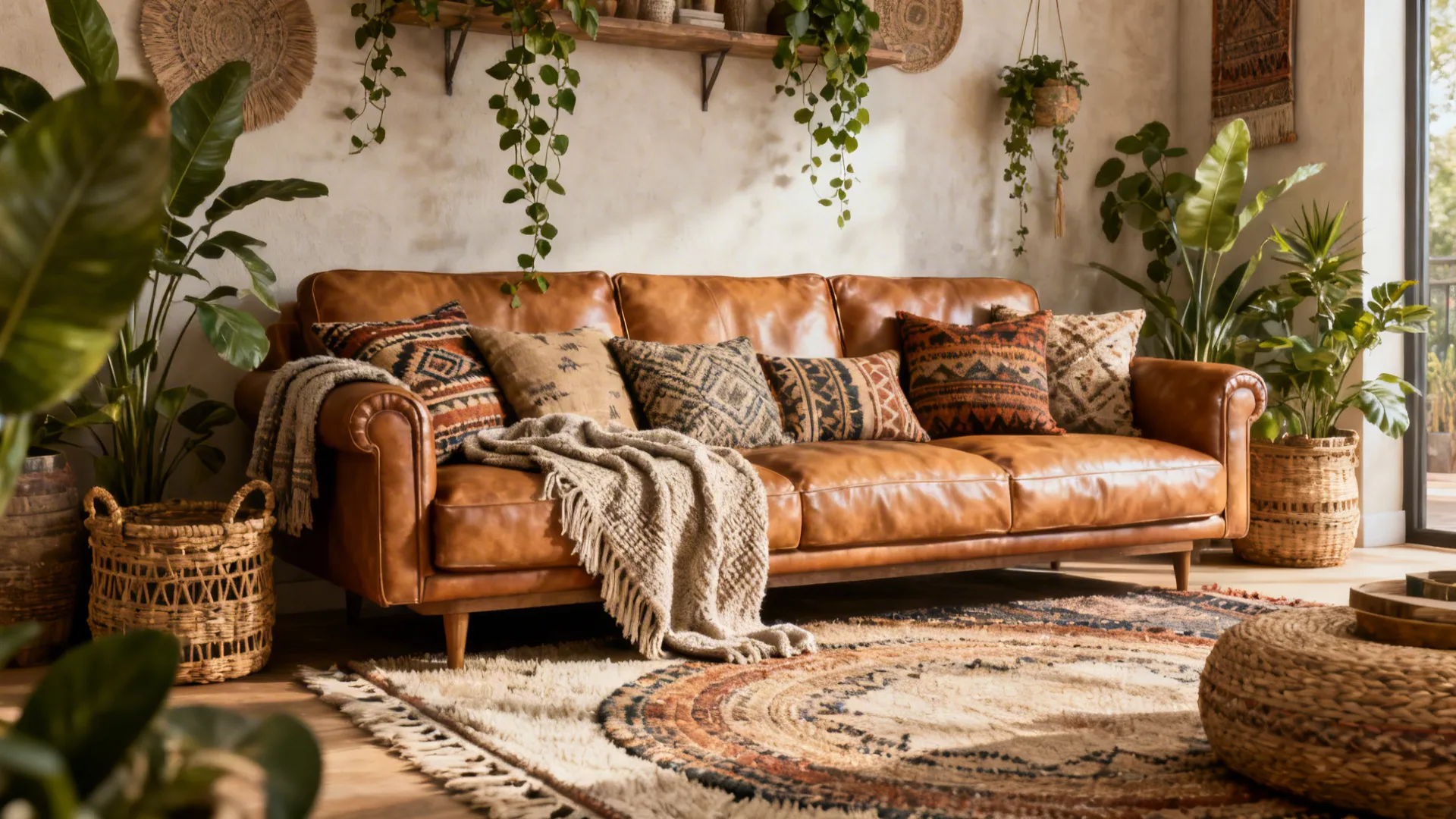 Bohemian living room with brown leather sofa patterned pillows green plants and a round rug
