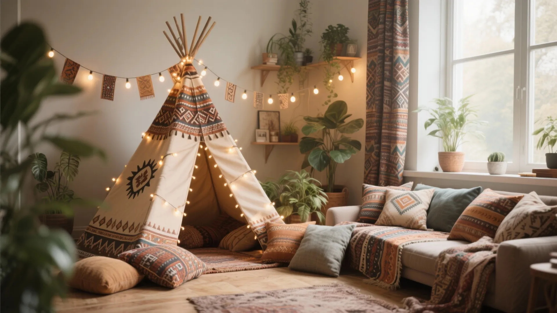 Bohemian style indoor teepee with patterned fabrics and string lights