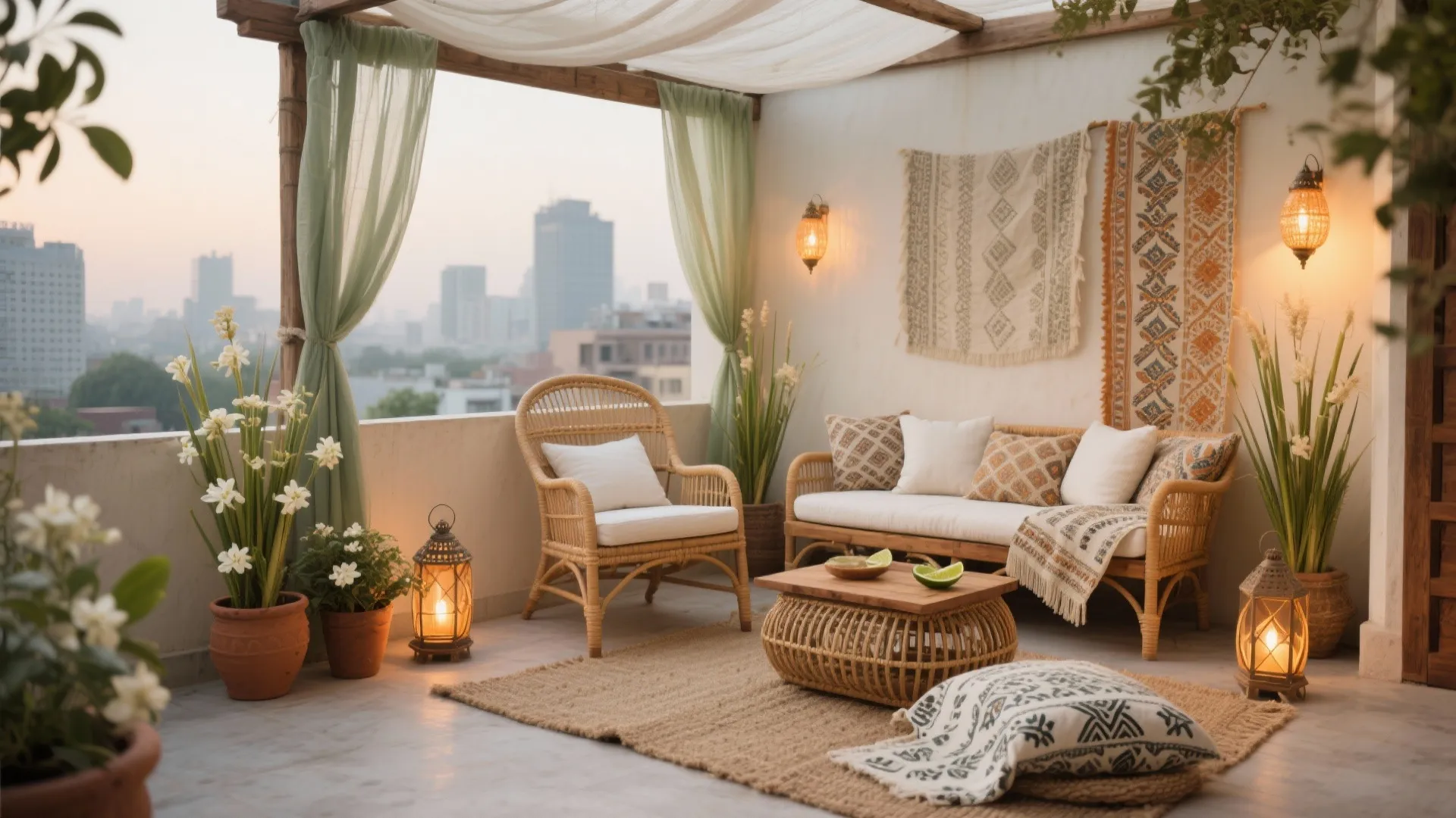 Bohemian balcony design with rattan sofa green curtains city view hanging fabric and floor lanterns