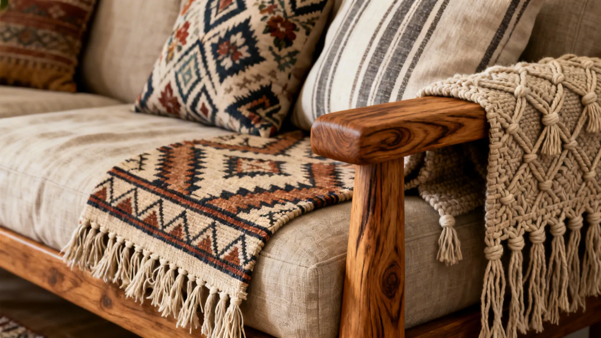 Macro view of layered kilim rug, linen sofa and patterned cushions