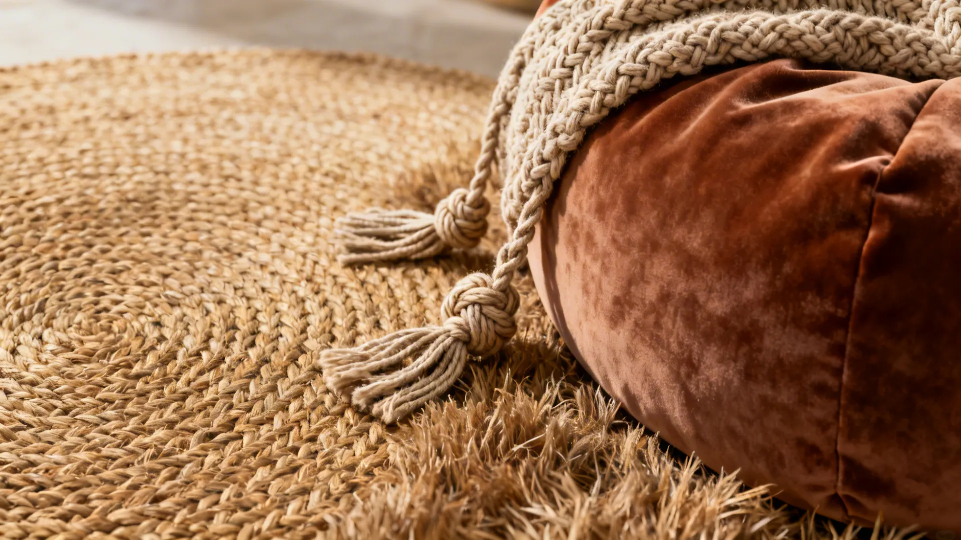 Close-up of jute rug, velvet bean bag and chunky knit throw creating a boho texture mix.