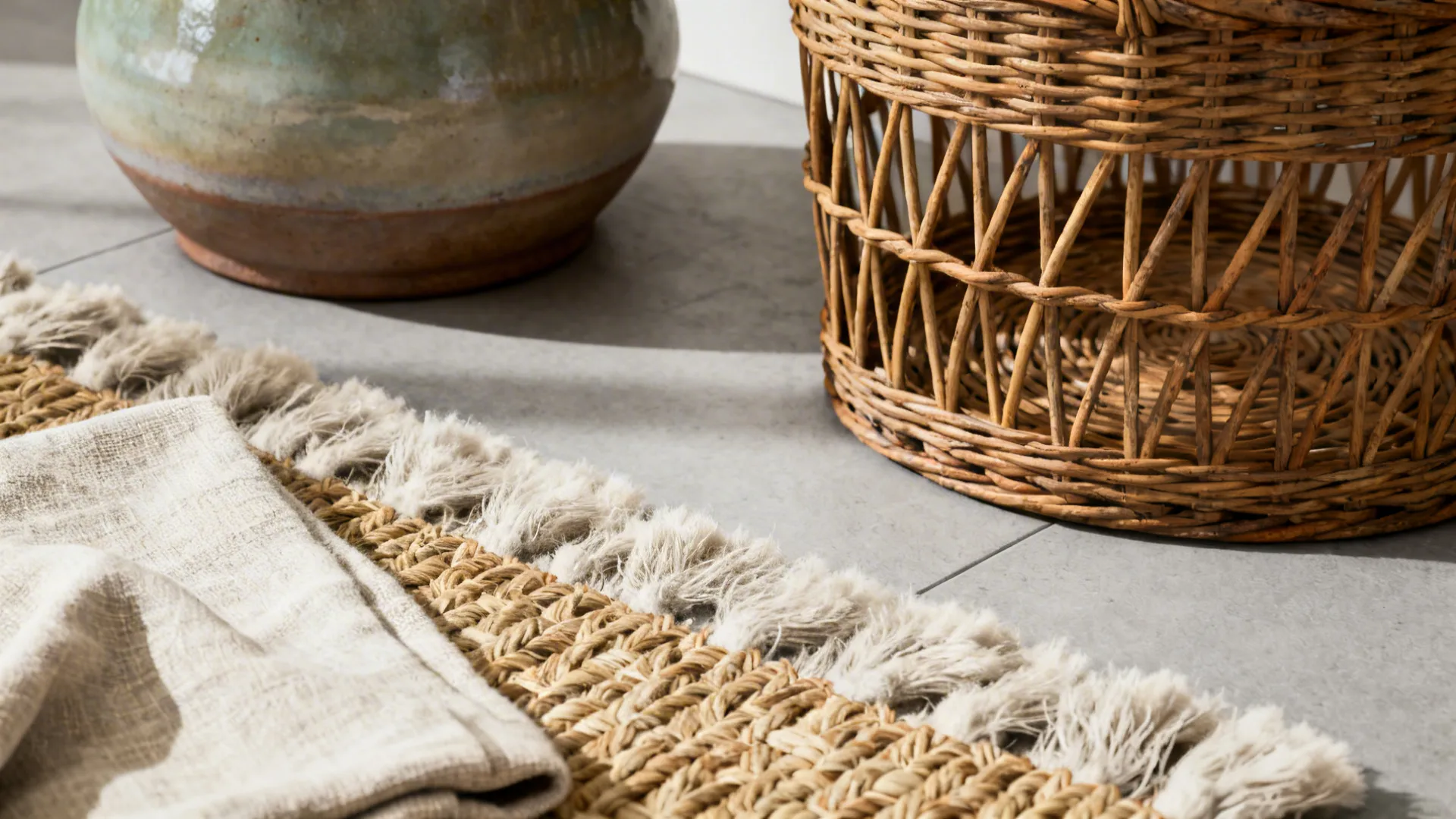 Close up view of woven basket ceramic pot and textured rug with fringe on floor
