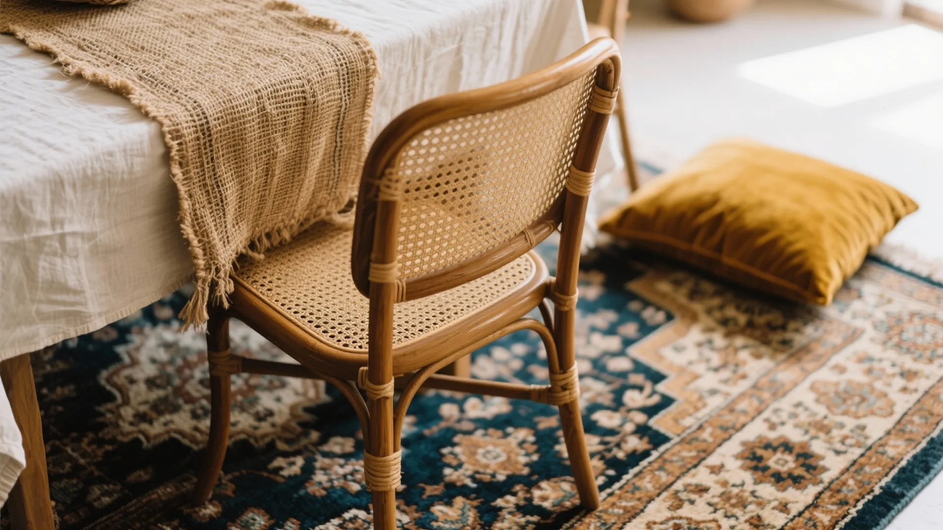 Boho dining area featuring a woven chair, patterned rug, table runner, and yellow floor pillow