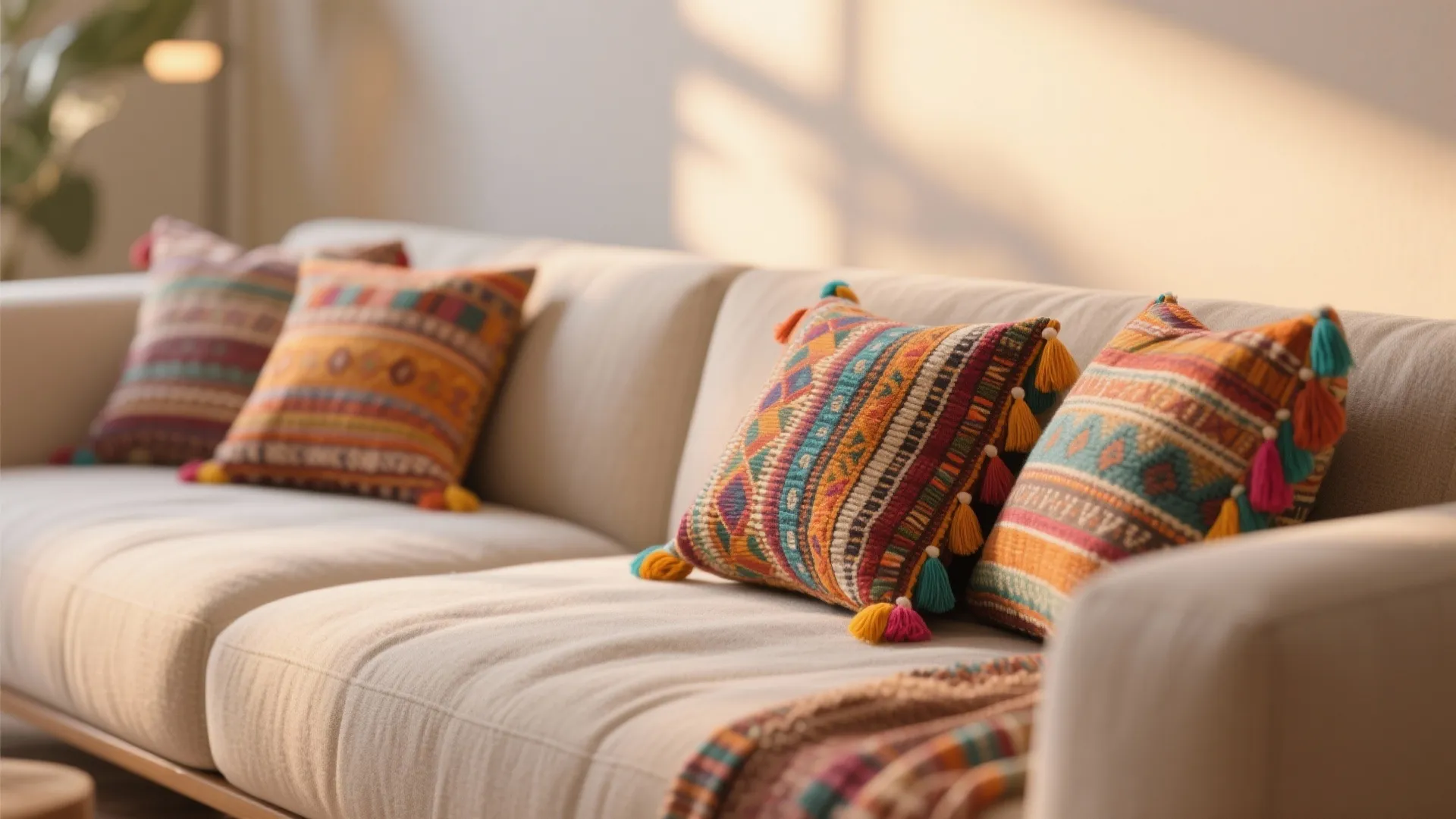 Modern sofa decorated with colorful boho-style throw pillows