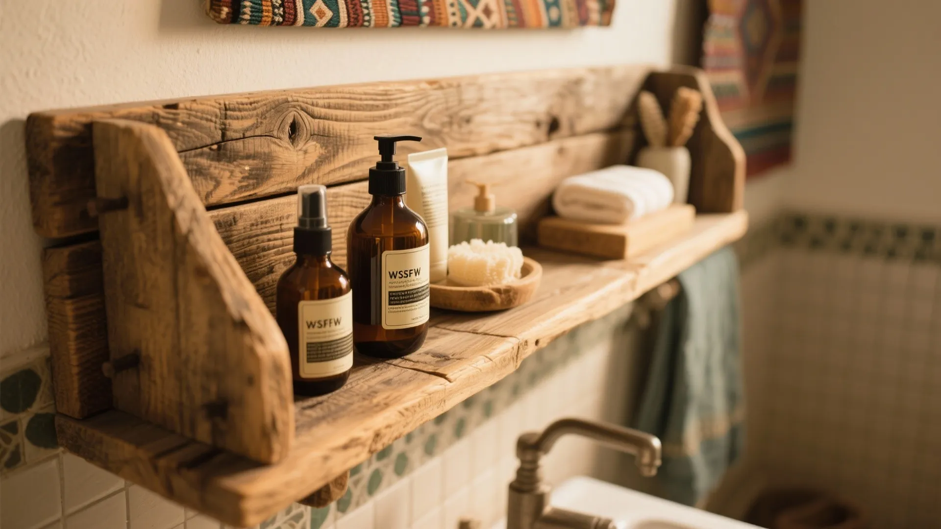 Rustic wood wall shelf in bathroom holding soap bottles white towel and small cleaning brush