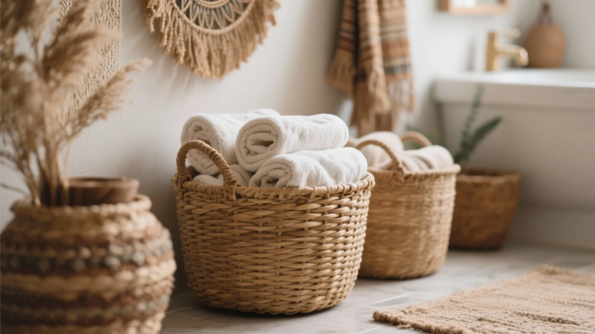 Woven storage baskets filled with rolled white towels on a bathroom floor near a rug