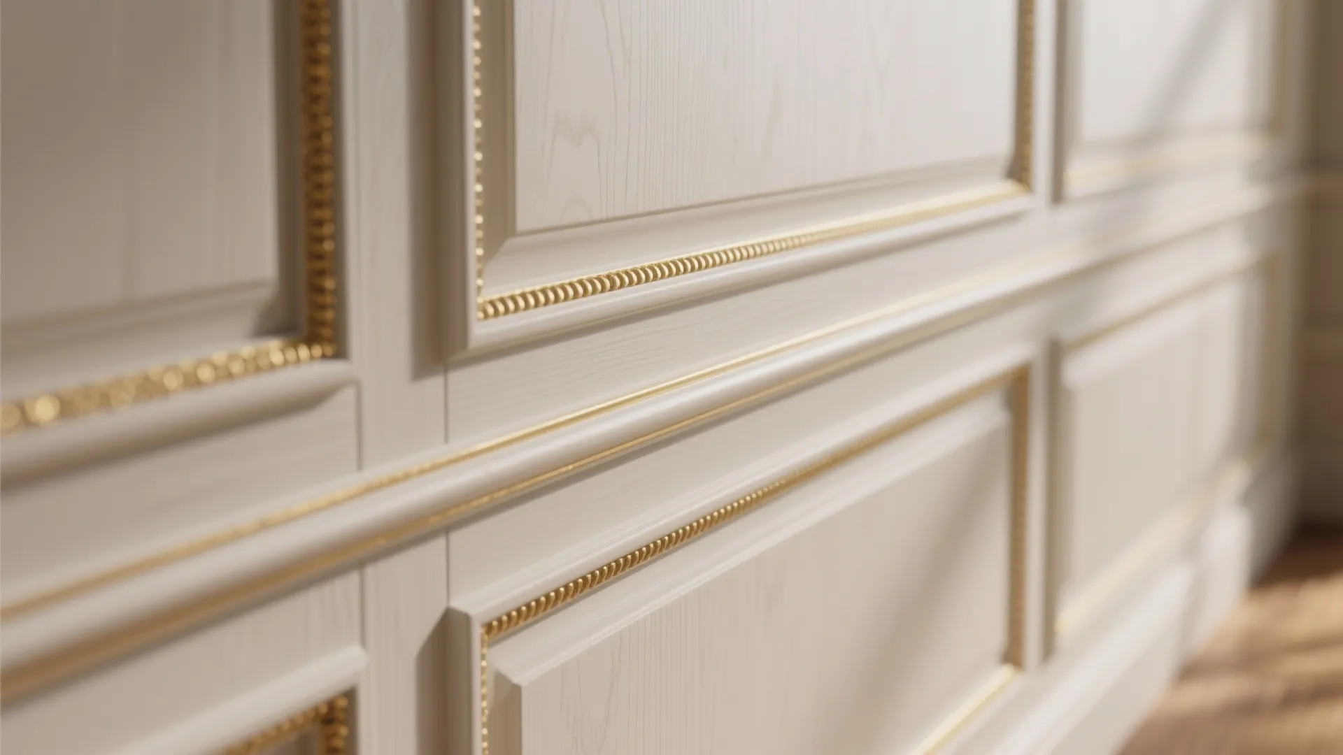 Classic cream white wall panel design with gold decorative trim details in a bright room