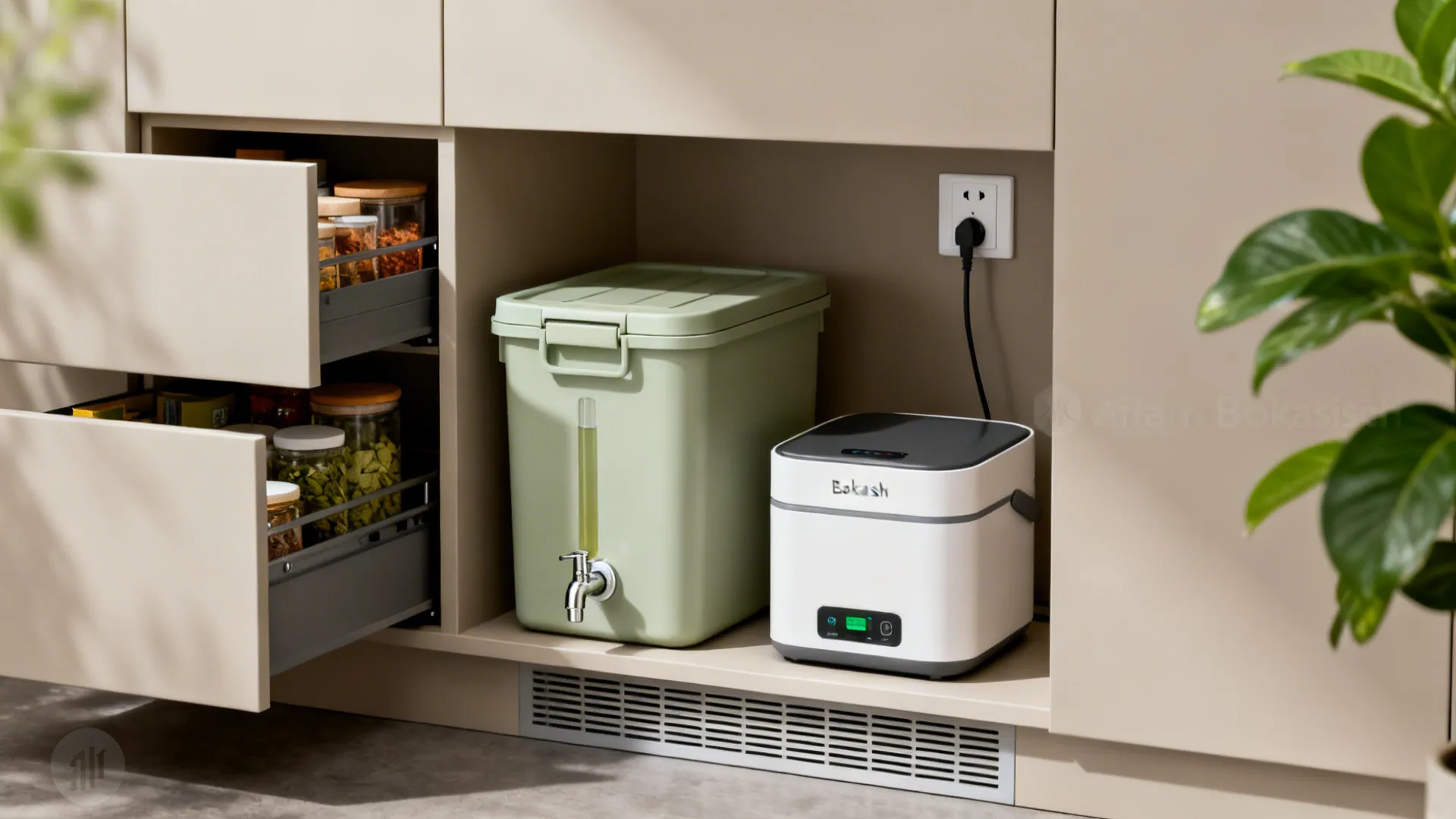 Cabinet with a bokashi bin and a compact electric composter on a powered shelf.