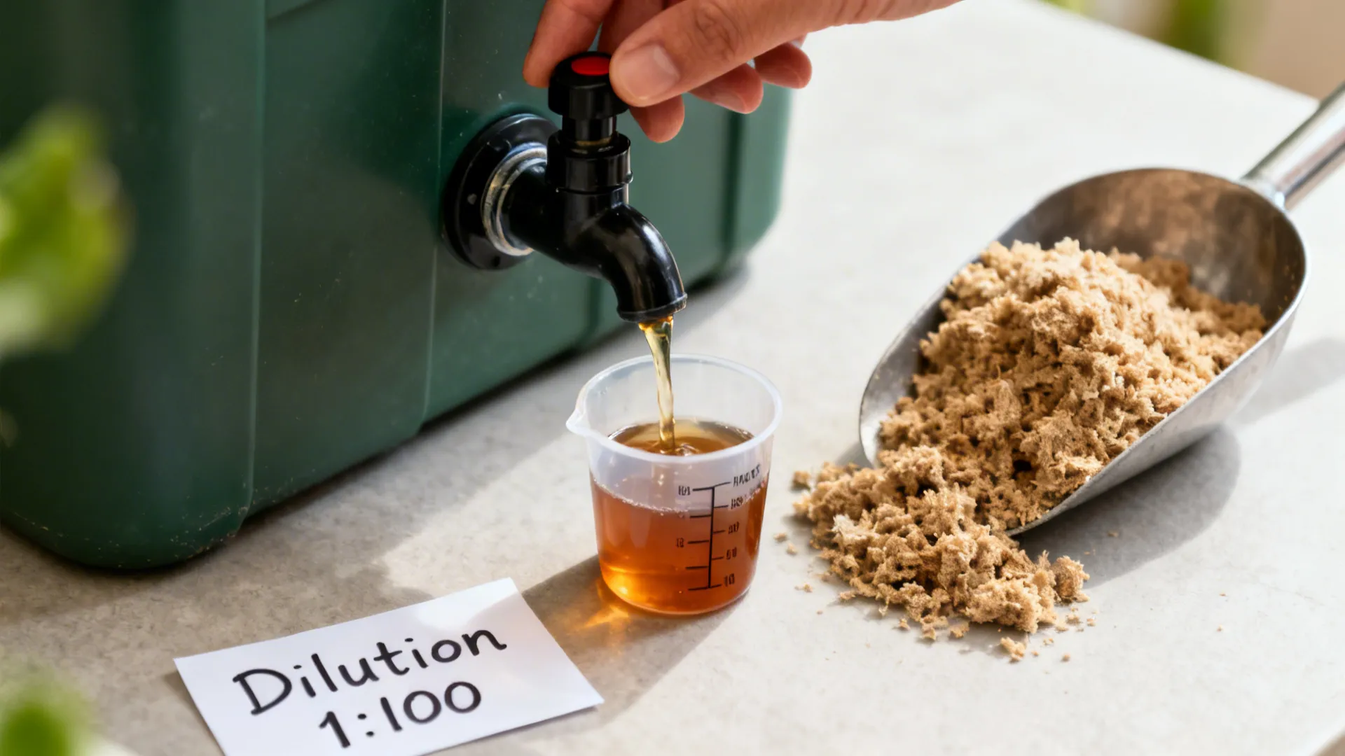 Close-up of a bokashi bin tap draining leachate into a cup with bran nearby.