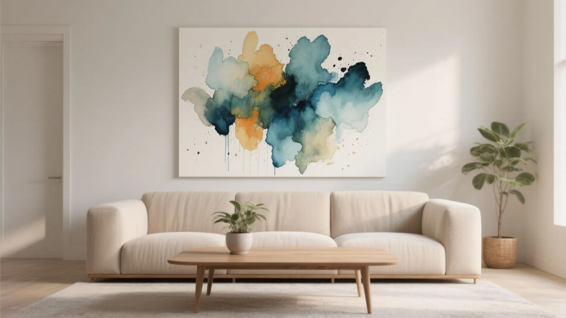 Modern living room with beige sofa wooden coffee table large abstract wall art and plant