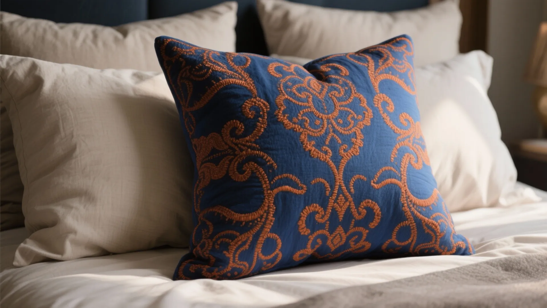Close-up of an oversized patterned accent pillow placed on neutral pillows on a queen bed.