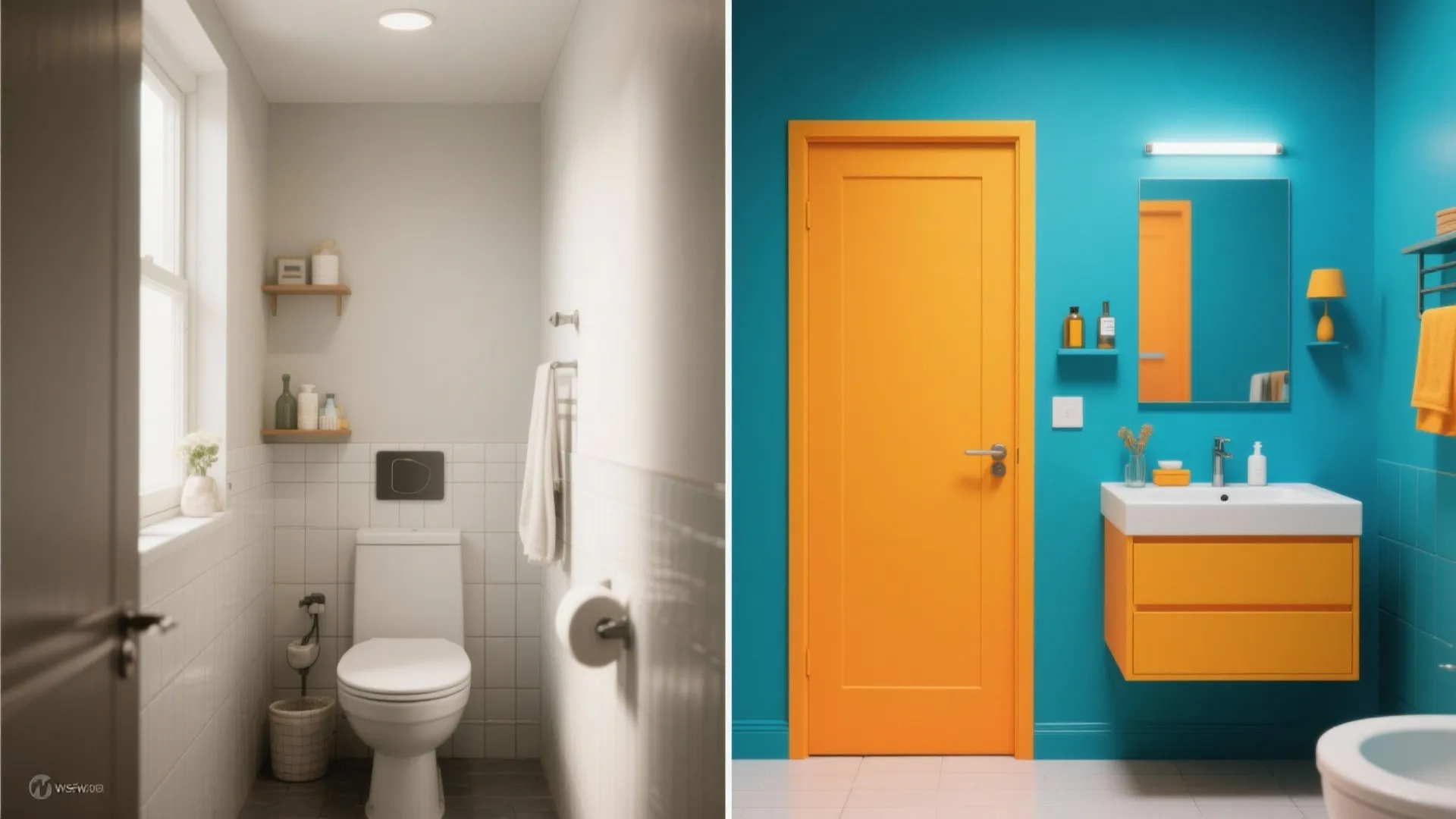Before-and-after of a small bathroom with a bold painted vanity and matching accessories on the after side.
