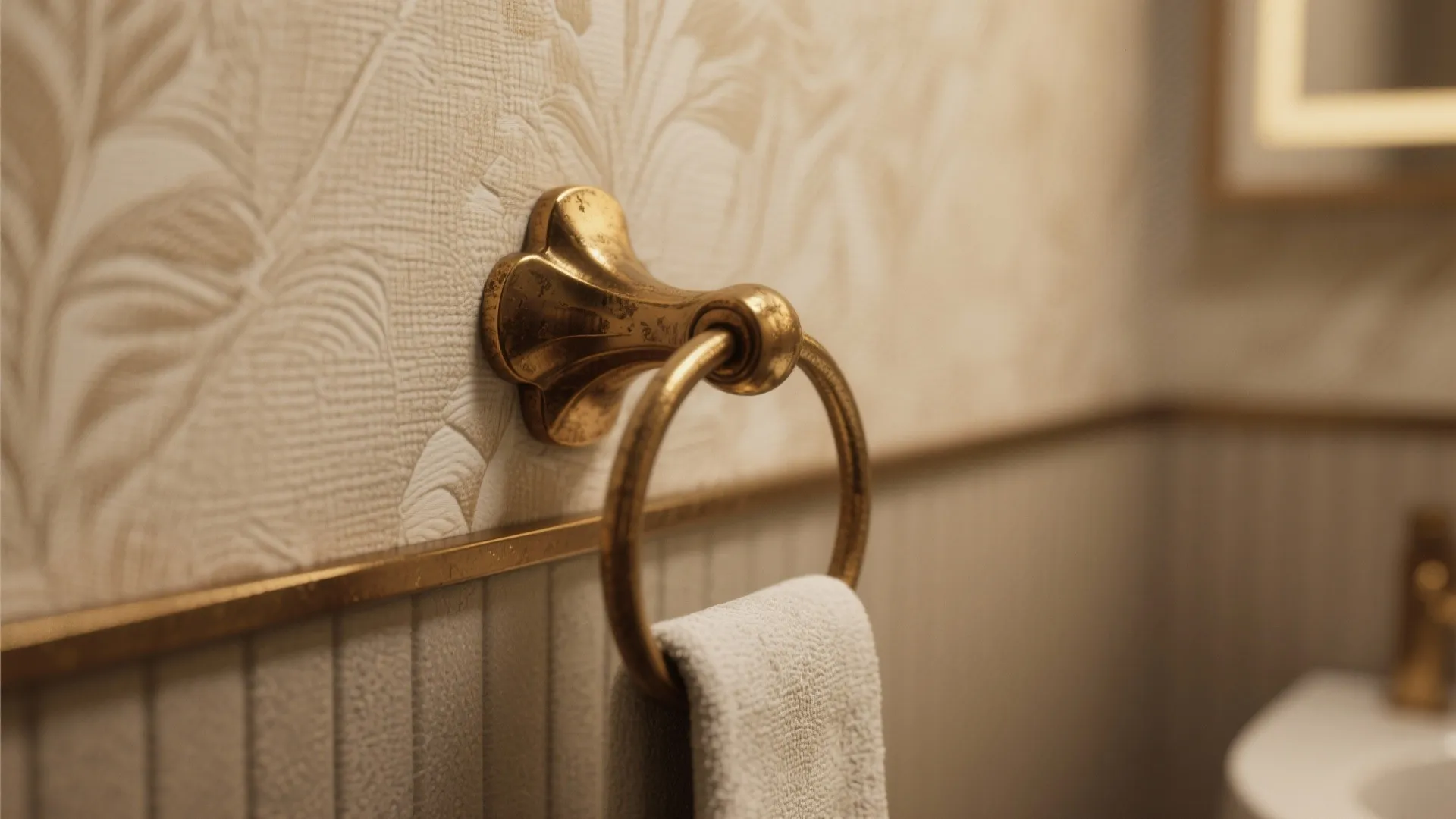 Close up of gold towel ring on floral wall with white towel and warm light fixture