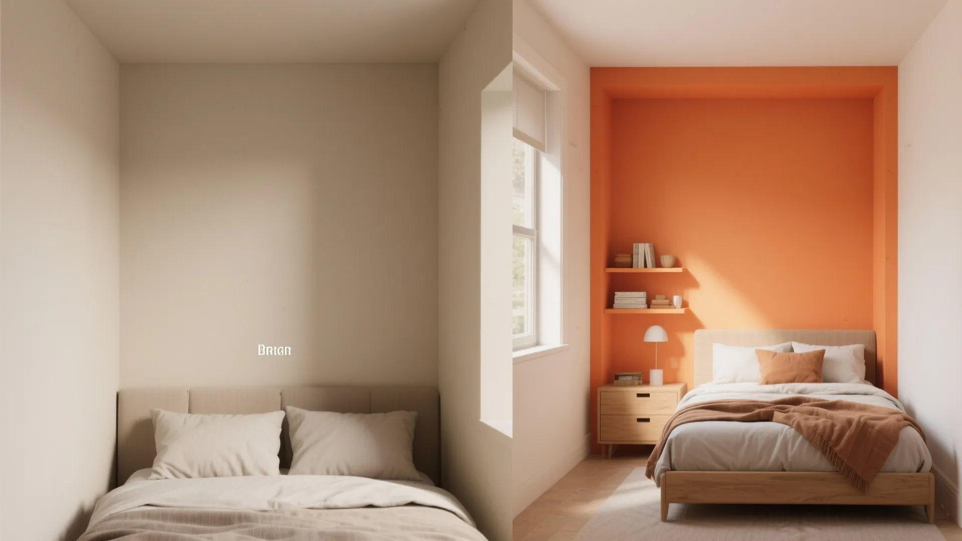 Before-and-after of a bedroom alcove showing a neutral wall transformed by a single burnt orange accent and coordinated textiles.