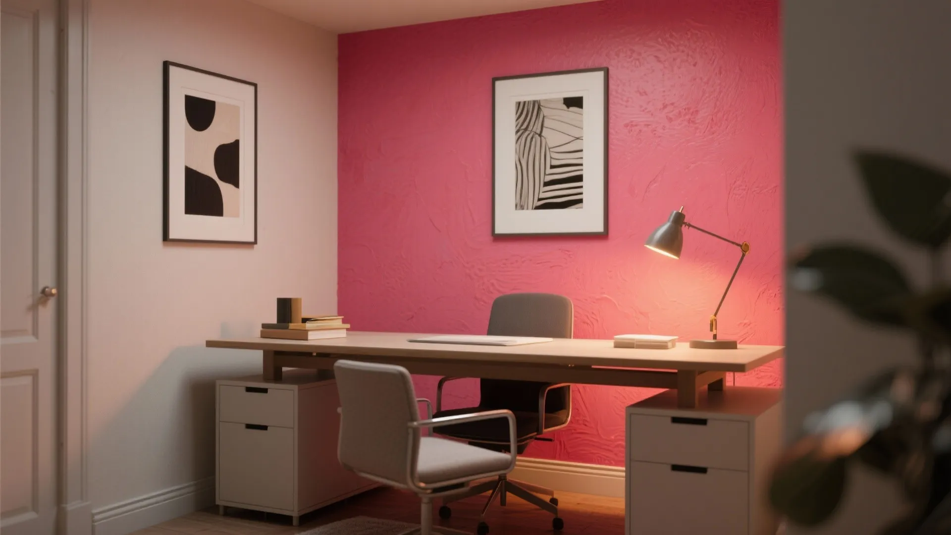 Home office with bright pink accent wall and light wood desk including two office chairs