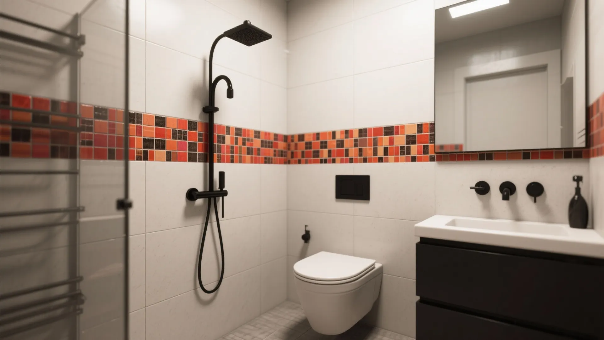 Modern bathroom with orange mosaic wall tiles black shower head white toilet and dark cabinet