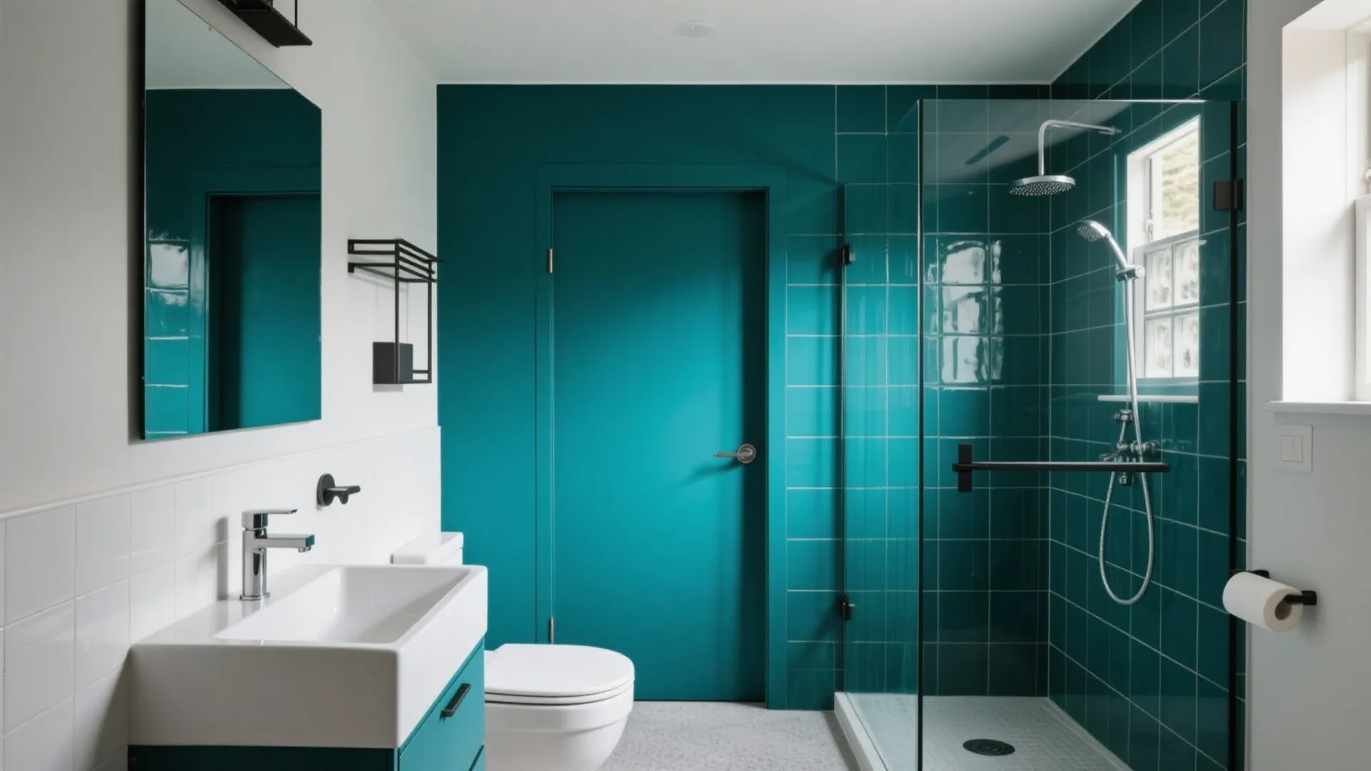 Modern bathroom with teal blue walls and tiles plus white sink toilet and glass shower