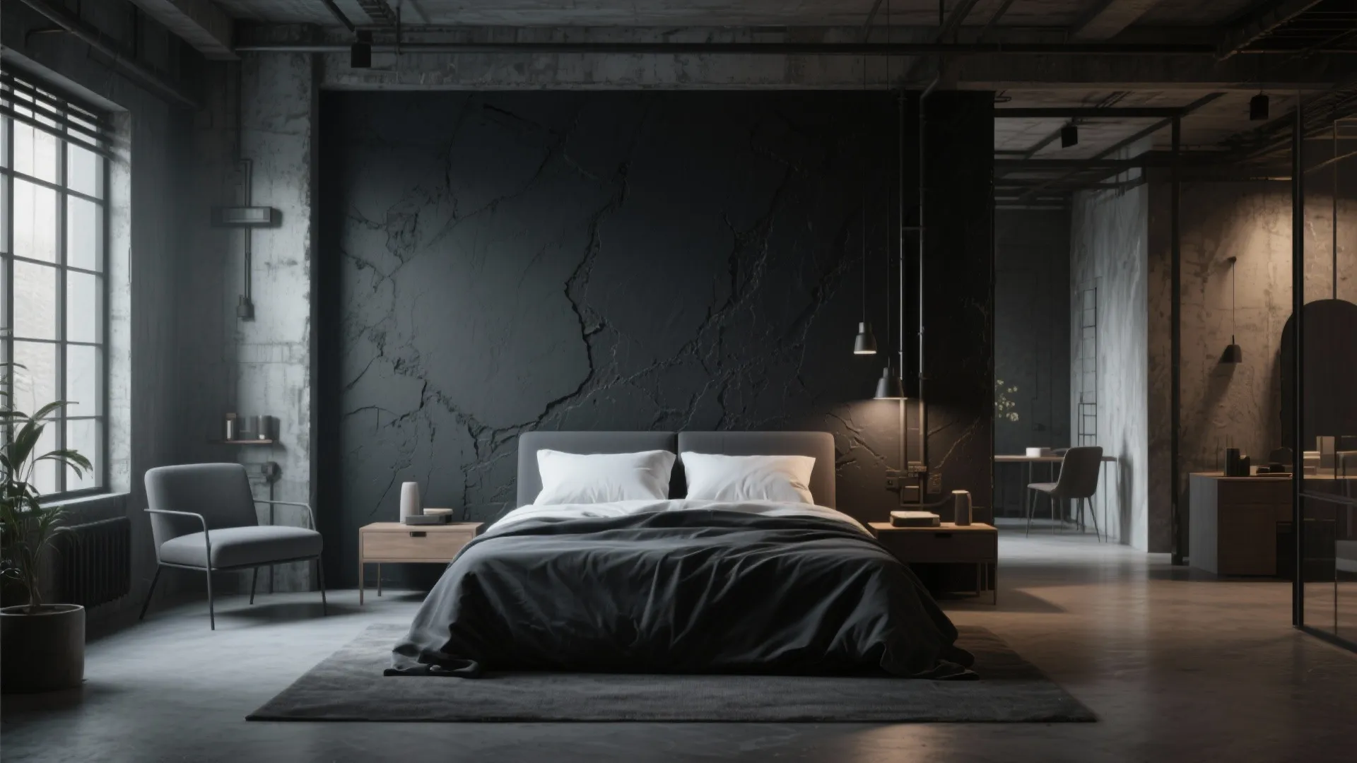 Industrial dark bedroom featuring textured black wall grey bed a grey chair and large windows