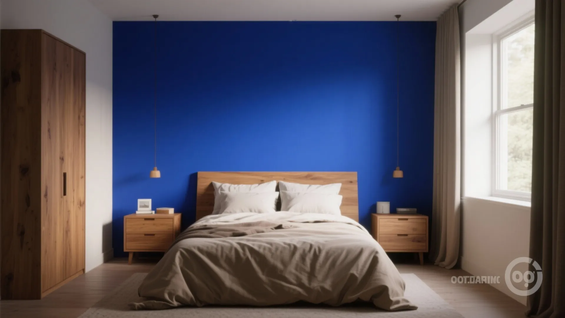 Bright blue accent wall in a bedroom with wooden bed frame and matching bedside tables