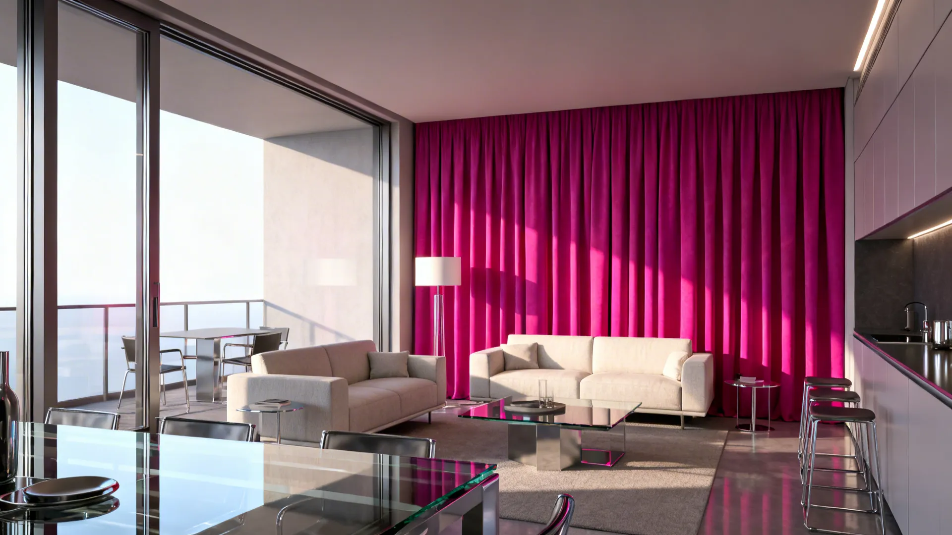 Small living room using a bold saturated curtain as an accent wall, paired with light furniture and reflective surfaces.