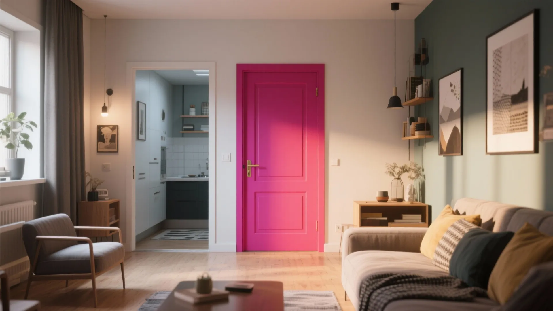 Small apartment living area with a bold painted door creating a strong focal point.